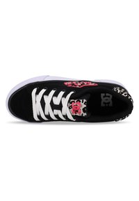 Black skate shoe with white laces, pink logo, and leopard print accents. Features a cushioned sole and padded interior for comfort.