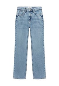 Light blue denim jeans featuring a straight-leg cut, five-pocket design, and a mid-rise waist with subtle fading and stitching details.