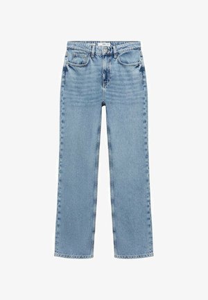 Helles blaues Denim-Jeans mit geradem Bein, Fünf-Taschen-Design und mittelhohem Bund, mit dezentem Verblassen und Stickdetails.