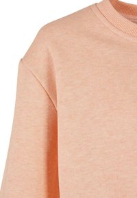 Felpa pesco col chiaro con scollatura a girocollo, bordi a coste e una texture morbida, con una vestibilità leggermente oversize. Il materiale appare leggero e traspirante.