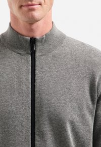 Man in een grijs gebreid sweater met een zwarte rits en hoge kraag, zichtbaar van nek tot borst.