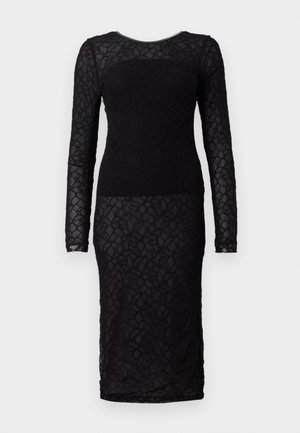 Black lace dress with long sleeves, fitted silhouette, featuring a patterned texture and a round neckline. Floor-length design.