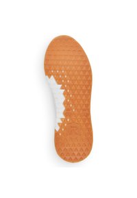 Semelle d'une chaussure présentant une base en caoutchouc orange texturé avec des motifs triangulaires et une section en zigzag blanche. Logo circulaire au centre.