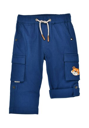 Blaue Kinder-Cargoshorts mit Kordelzugbund, Seitentaschen und einem Tigerkopf-Patch auf der rechten Taschenklappe.
