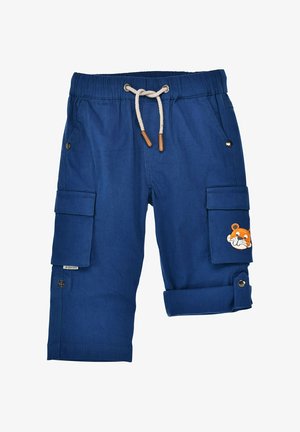 Blue children's cargo shorts with drawstring waist, side pockets, and a tiger face patch on the right pocket flap.