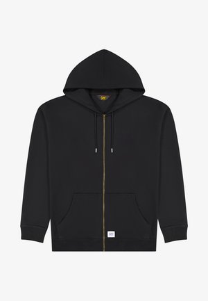 Zwarte hoodie met ritssluiting, voorzakken, capuchon met trekkoord, geribbelde boorden en een klein Lee-merklabel vlak bij de zoom.