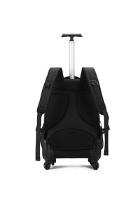 Zwarte rolrugzak met verstelbare gewatteerde schouderbanden, een uitschuifbare aluminium handgreep, gaasaccenten en duurzame wielen voor mobiliteit.