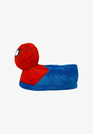 Pantofole di peluche rosse e blu con design della testa di Spider-Man, motivi a ragnatela neri e occhi bianchi sulla parte anteriore.