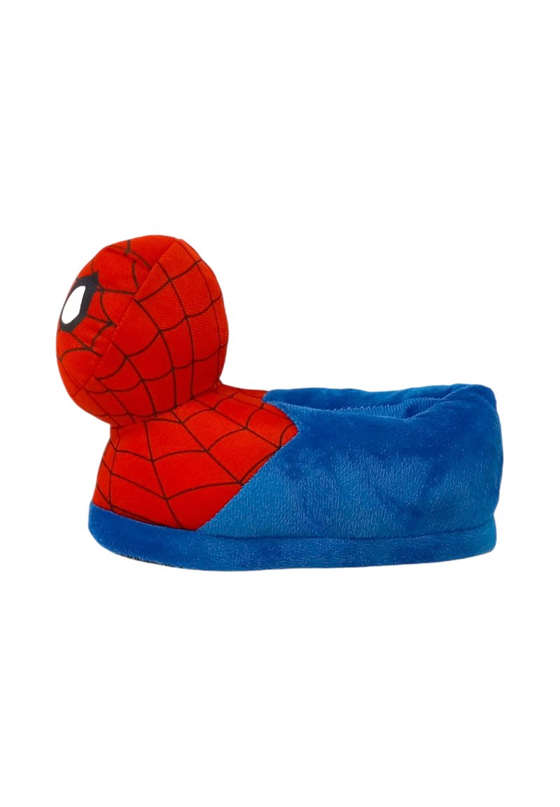 Pantofole di peluche rosse e blu con design della testa di Spider-Man, motivi a ragnatela neri e occhi bianchi sulla parte anteriore.