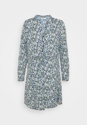 Rochie florală dintr-un material ușor, cu guler, mâneci lungi, talie strânsă și un amestec de motive albastre, verzi și albe.