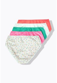 Cinque slip da donna stile brief nei colori corallo, bianco, verde, rosa e bianco con stampa floreale multicolore, disposti sovrapposti su uno sfondo bianco.