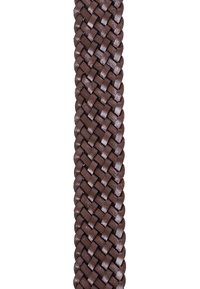 Brun flettet lærbelte med en teksturert overflate og intrikat flette-design, som har en jevn finish og ensartet farge gjennom hele beltet.