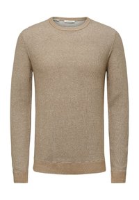 Pull beige en maille avec un col rond, des manches longues, un tissu texturé et des bords-côtes à l'ourlet et aux poignets. Design simple et polyvalent pour un usage décontracté.