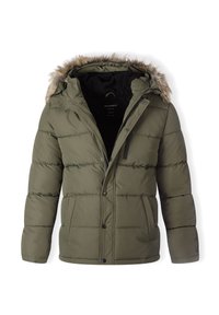 Khaki-grüner gepolsterter Mantel mit einer mit Pelz gefütterten Kapuze, Reißverschluss- und Knopfverschluss, zwei Fronttaschen und genähten Abschnitten für zusätzliche Textur.