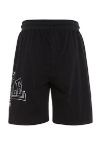 Shorts en coton noir avec une taille élastique, présentant un détail de logo imprimé blanc sur le côté gauche, texture lisse et coupe droite.