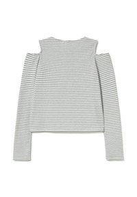 Striped long-sleeve top in gray and white with a cold-shoulder design, ribbed texture, and a cropped silhouette at waist level.