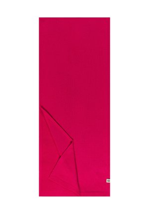 Bright pink rectangular blanket, made of soft fabric with a smooth texture. Features a folded corner and a small label at the bottom corner.