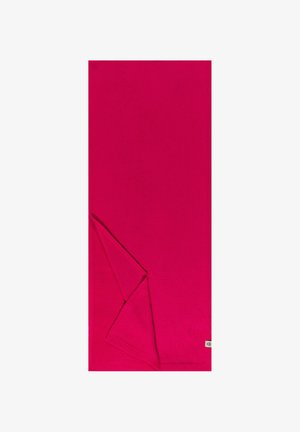 Bright pink rectangular blanket, made of soft fabric with a smooth texture. Features a folded corner and a small label at the bottom corner.