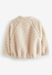 Jasno beżowy polarowy sweter z teksturowanym, zygzakowatym wzorem. Posiada raglanowe rękawy oraz okrągły dekolt, wykonany z miękkiego i puszystego materiału.