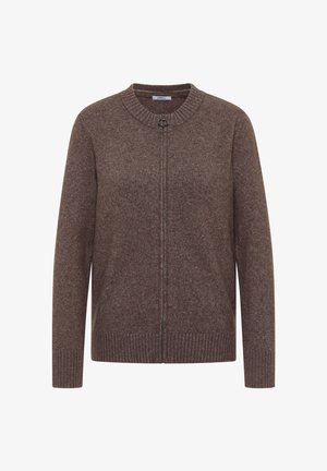 Braune Woll-Zip-up-Strickjacke mit rundem Hals, gerippten Bündchen und Saum. Glatte Textur mit subtilen Melangendetails im gesamten Stoff.