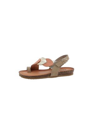 Sandalo piatto con suola in sughero, cinturino beige alla caviglia con fibbia e forme di foglie decorative stratificate in beige, rosa e arancione sopra.