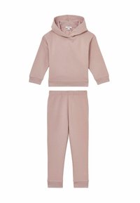 Lyserød sæt med hoodie og bukser til børn, udstyret med hætte med snøre og elastisk talje for komfort.