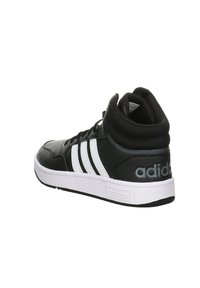 Höga svarta sneakers med vita ränder och logotyp, texturerad syntetisk ovandel, vadderad krage och vit gummisula.