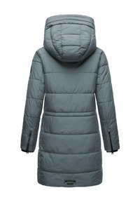Gray padded coat with a hood, featuring horizontal quilted sections, zipper pockets, and a logo patch on the lower back.