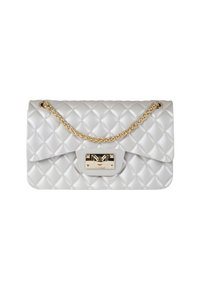 Borsa trapuntata color argento con tracolla a catena dorata e chiusura metallica. Il design presenta una superficie testurizzata con motivi a diamante.