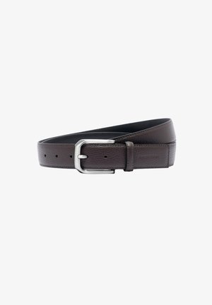 Dark brown textured leather belt with a silver rectangular buckle, rolled and fastened through one hole, on a white background.
