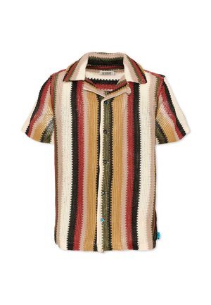 Camicia a maniche corte con bottoni e righe verticali in beige, rosso, nero, oliva e senape, realizzata in tessuto intrecciato dalla texture evidente.