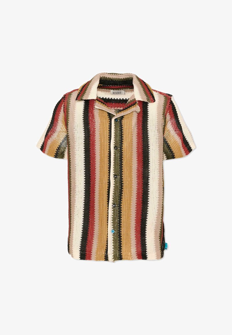 Chemise à manches courtes boutonnée avec des rayures verticales beige, rouge, noir, olive et moutarde, en tissu tissé texturé.