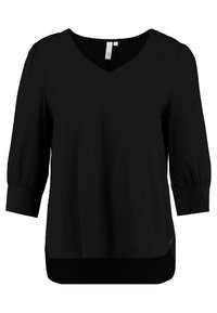 Blusa nera con maniche tre quarti, scollatura a V, polsini arricciati e orlo posteriore più lungo. Realizzata in tessuto morbido e leggero.