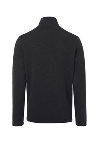 Donkergrijs langwerpig sweatshirt met hoge kraag, voorzien van een textuurstof en vlakke naden. De achterkant heeft een eenvoudig, strak ontwerp.