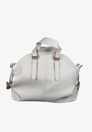 Borsa a mano in pelle bianca con due manici corti caratterizzati da anelli color oro e tracolla removibile su sfondo bianco.