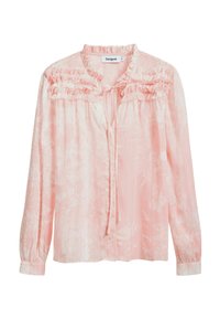Blusa rosa chiaro con colletto e spalle arricciate, maniche lunghe e un dettaglio a fiocco davanti, caratterizzata da un delicato motivo floreale.