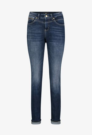 Smalle fit donkerblauwe denim jeans met een vervaagde uitstraling, met opgerolde manchetten, vijf zakken en gouden accenten.