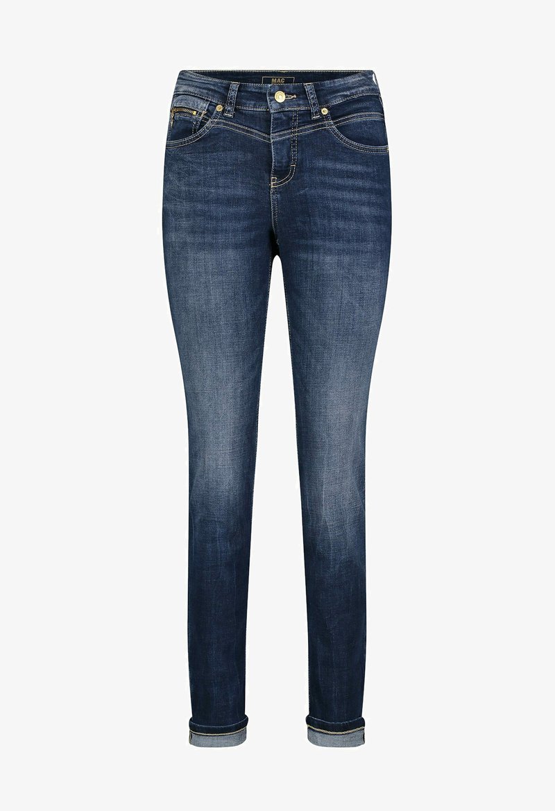 Smalle fit donkerblauwe denim jeans met een vervaagde uitstraling, met opgerolde manchetten, vijf zakken en gouden accenten.