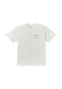 White cotton t-shirt with short sleeves, featuring a minimalist black graphic of a palm tree and wave on the left chest.