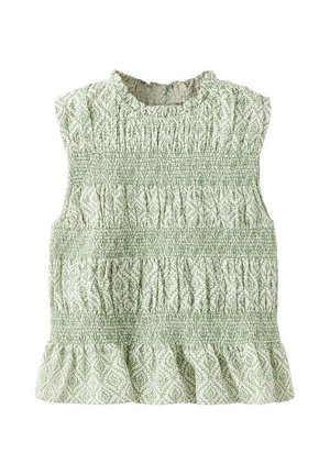 Blouse sans manches vert clair avec motif feuilles, bandes de tissu froncées sur le devant et ourlet à volants, col montant avec léger volant.