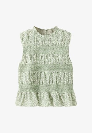 Blouse sans manches vert clair avec motif feuilles, bandes de tissu froncées sur le devant et ourlet à volants, col montant avec léger volant.