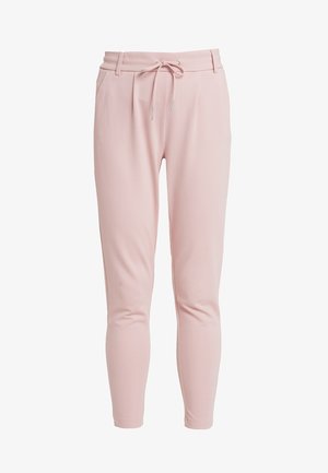 Pink jogger pants made from soft, stretchy fabric. Features a drawstring waist, tapered legs, and side pockets for functionality.