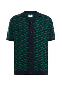 Košile na krátký rukáv s tmavě zeleným a námořnickým geometrickým vzorem ve tvaru cikcaku, tmavě námořnickým límcem a knoflíkovou légou.