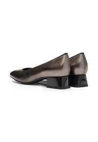 Metallic grey closed-toe heels with a glossy black block heel. Smooth texture, sleek design, and rounded edges.