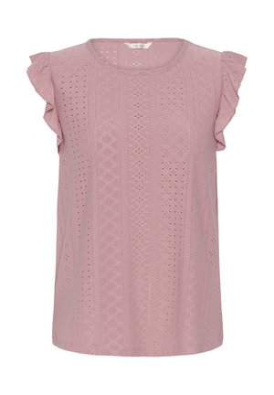 Light pink sleeveless top with eyelet embroidery and ruffled sleeve edges, featuring a round neckline and subtle textured patterns.