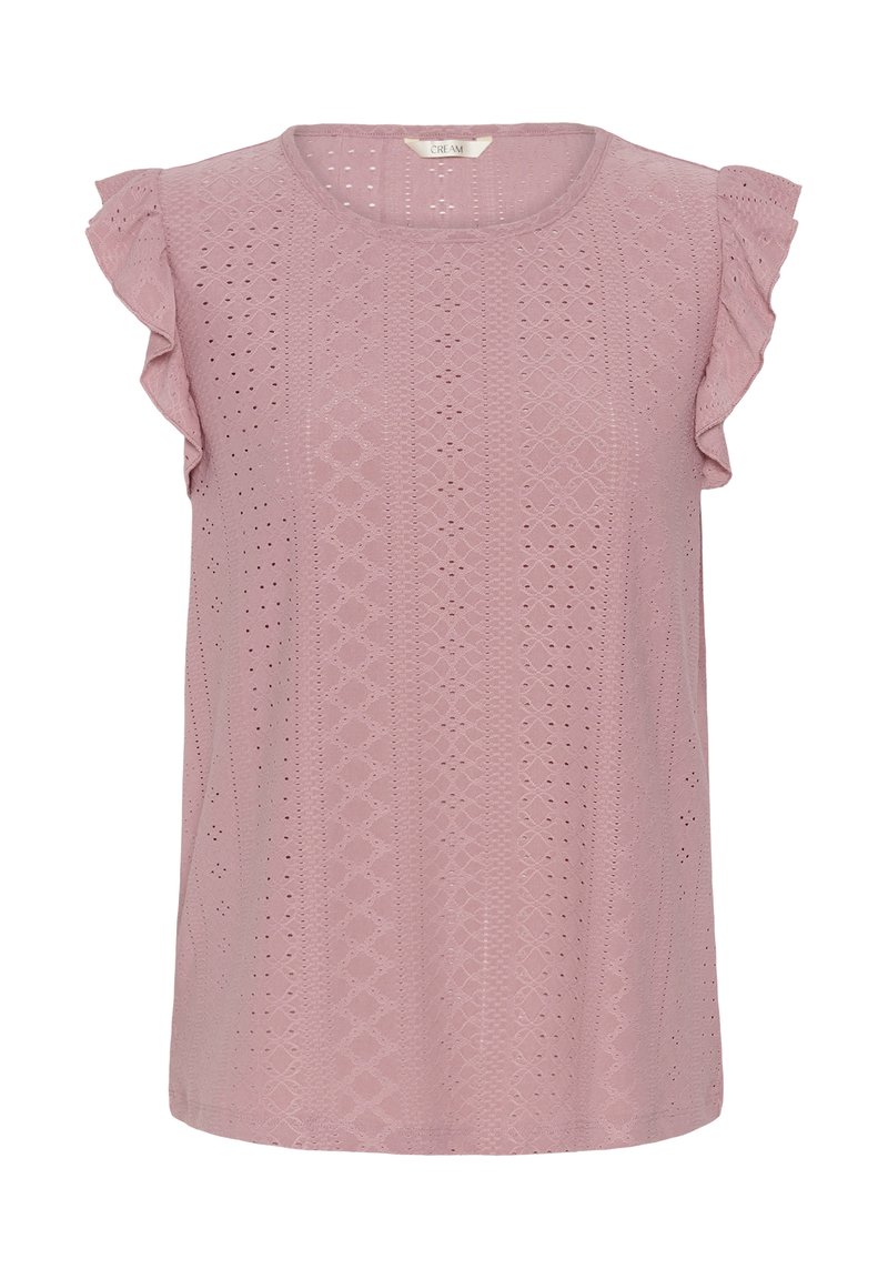 Haut sans manches rose pâle avec broderie à jours et bords de manches volantés, présentant un col rond et des motifs texturés subtils.