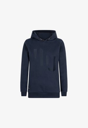 Donkerblauwe hoodie van een zachte katoenmix, met een groot, gestructureerd logo op de voorkant, een verstelbare trekkoordkap en geribbelde mouwen.