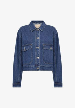Kurze blaue Jeansjacke mit Knopfverschluss, zwei vorderen Taschen und klassischem Kragen. Verfügt über eine robuste Textur und saubere Nähte.