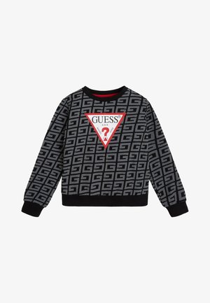 Felpa nera con un motivo geometrico grigio ripetuto, un logo triangolare rosso con "GUESS®" e polsini e orlo a coste.