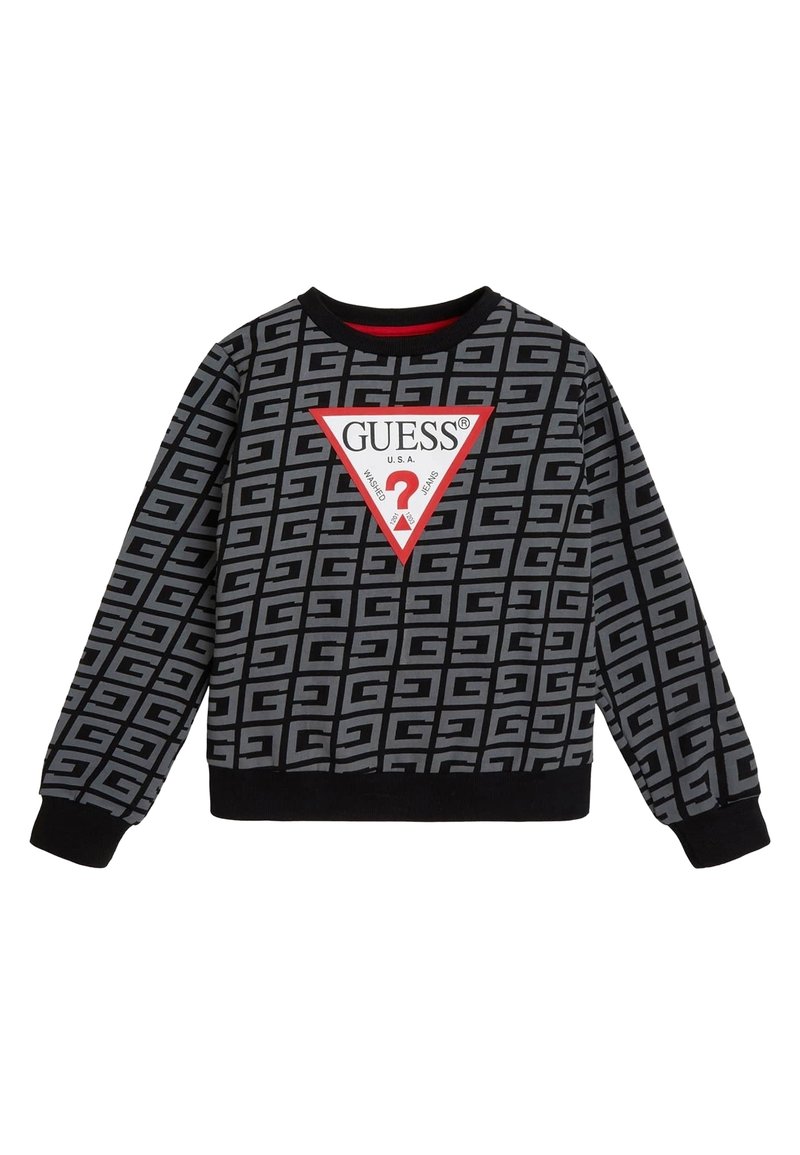 Felpa nera con un motivo geometrico grigio ripetuto, un logo triangolare rosso con "GUESS®" e polsini e orlo a coste.
